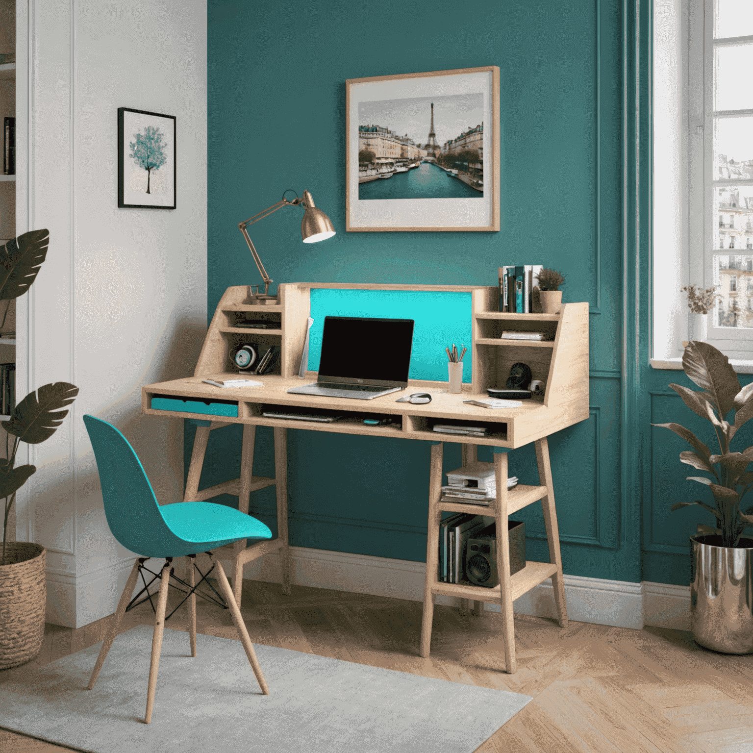 Un bureau compact transformable en table de jeu, parfait pour un petit appartement parisien. Le meuble est en bois clair avec des accents de couleur turquoise, et des rangements intégrés pour les fournitures de bureau et les jeux.