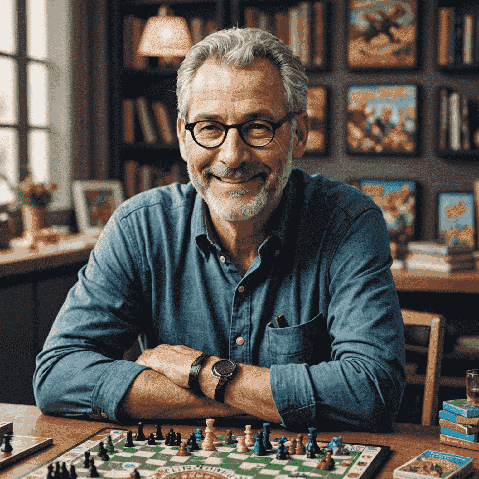 Portrait de Marc Leroy, expert en jeux, un homme jovial aux cheveux gris, entouré de jeux de société