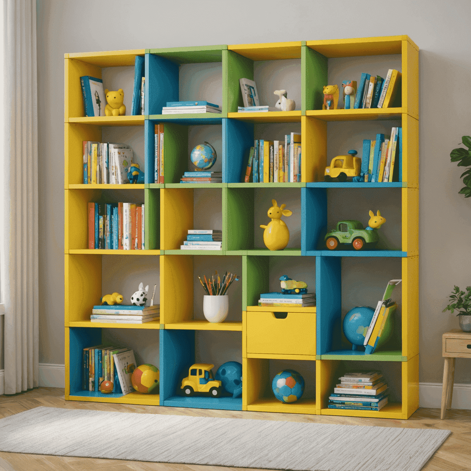 Une étagère modulable aux couleurs vives (jaune, vert, bleu) avec des compartiments de différentes tailles. On y voit des livres, des dossiers, et des jouets bien rangés, illustrant la polyvalence du meuble.