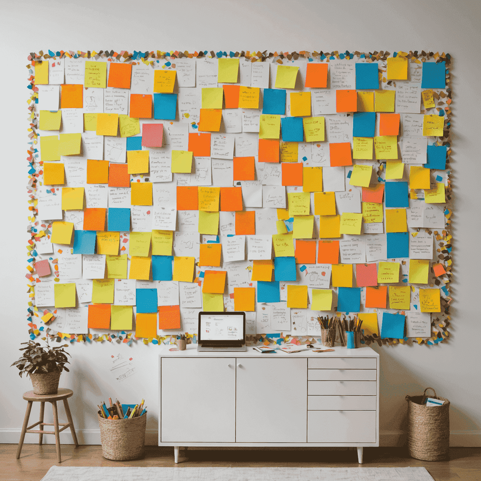 Un grand mur magnétique blanc avec une partie couverte de post-its et de documents de travail, et l'autre moitié occupée par des dessins d'enfants et des lettres magnétiques colorées.